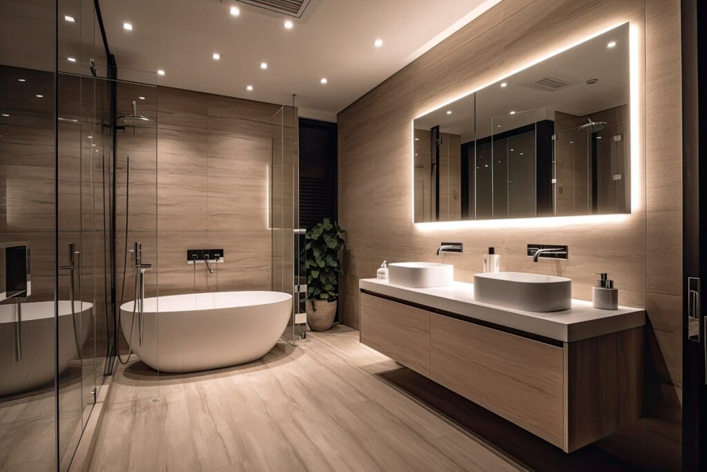 A modern bathroom features a large freestanding bathtub and a double vanity with vessel sinks. An illuminated mirror hangs above, and a potted plant adds greenery. The space is lit with recessed ceiling lights, showcasing wooden finishes.