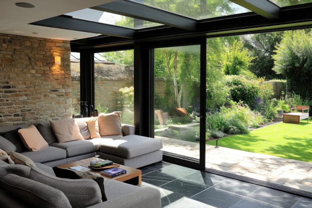 A modern living room with large glass doors opens to a lush garden. The room features a gray sectional sofa with cushions, a wooden coffee table with books, and a brick accent wall. Sunlight filters through the trees and illuminates the garden.