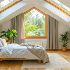 Cozy bedroom with a sloped ceiling featuring skylights. A wooden bed with white bedding is next to a large triangular window framed by beige curtains. Potted plants add greenery, and framed artwork is displayed on a wall shelf. Light wood flooring.