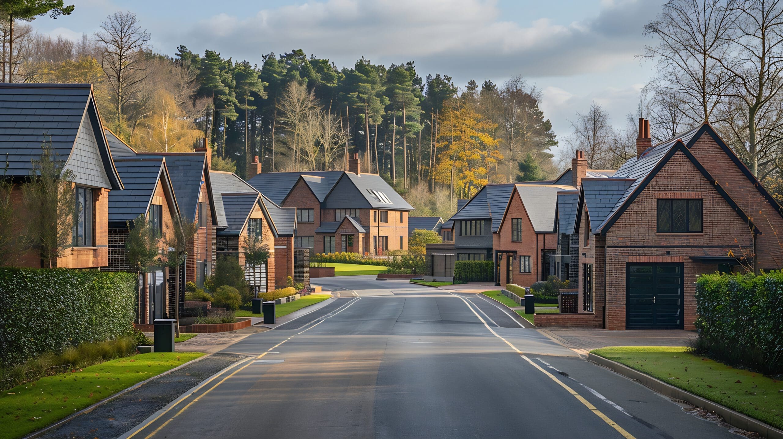 A quiet, well-maintained suburban street lined with modern brick houses. Each house features a neatly trimmed lawn and tall trees in the background. The sky is slightly overcast, creating a peaceful and serene atmosphere.