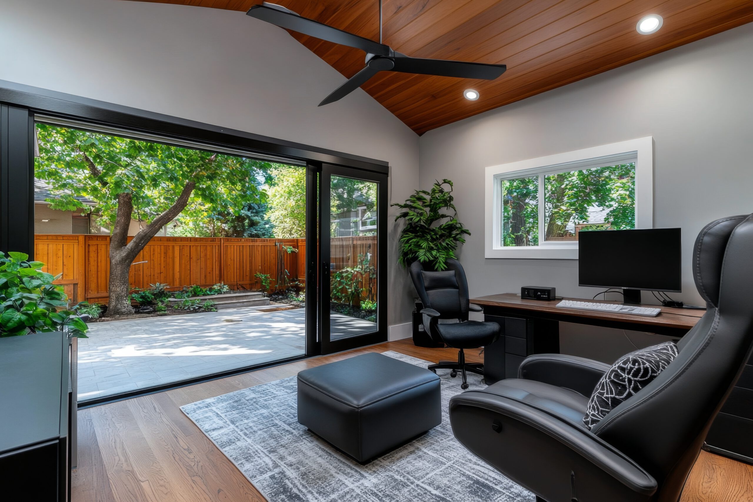 A modern home office with a desk, computer, and office chairs. Large glass doors open to a patio with trees and a wooden fence. The room features a wooden ceiling with a fan and a gray rug on the floor. Lush greenery is visible outside.