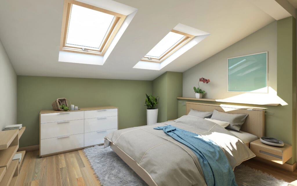 A cozy attic bedroom with slanted ceilings and two skylights casting natural light. The room features a double bed with gray bedding, a blue throw, a white dresser, plants, and a fluffy rug on wooden flooring. A framed artwork hangs on the wall.