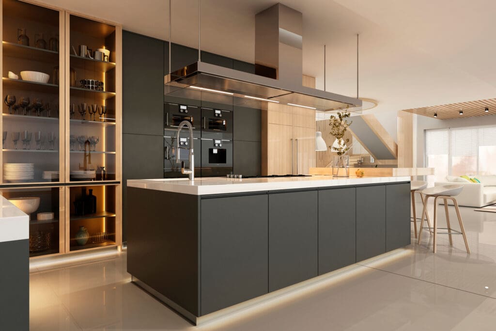 A modern kitchen with sleek, dark cabinetry and a white countertop on a large island. The room features stainless steel appliances, open shelving with dishes, and bar stools. Ambient lighting adds warmth, and large windows provide natural light.