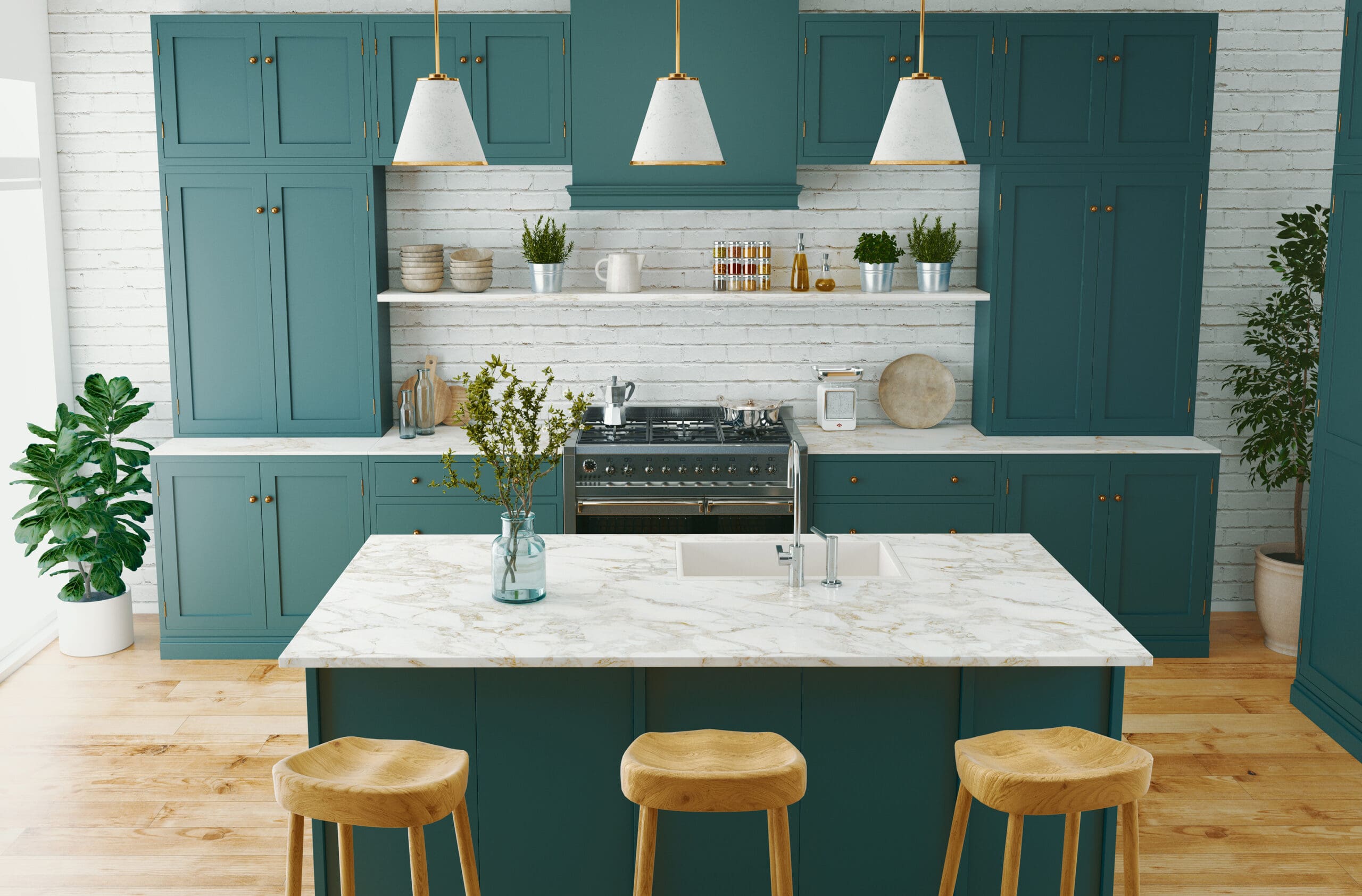 A modern kitchen featuring teal cabinets, a marble island with three wooden stools, and stainless steel appliances. Pendant lights hang above the island. Shelves with plants and kitchenware add decoration. Light wooden flooring completes the look.