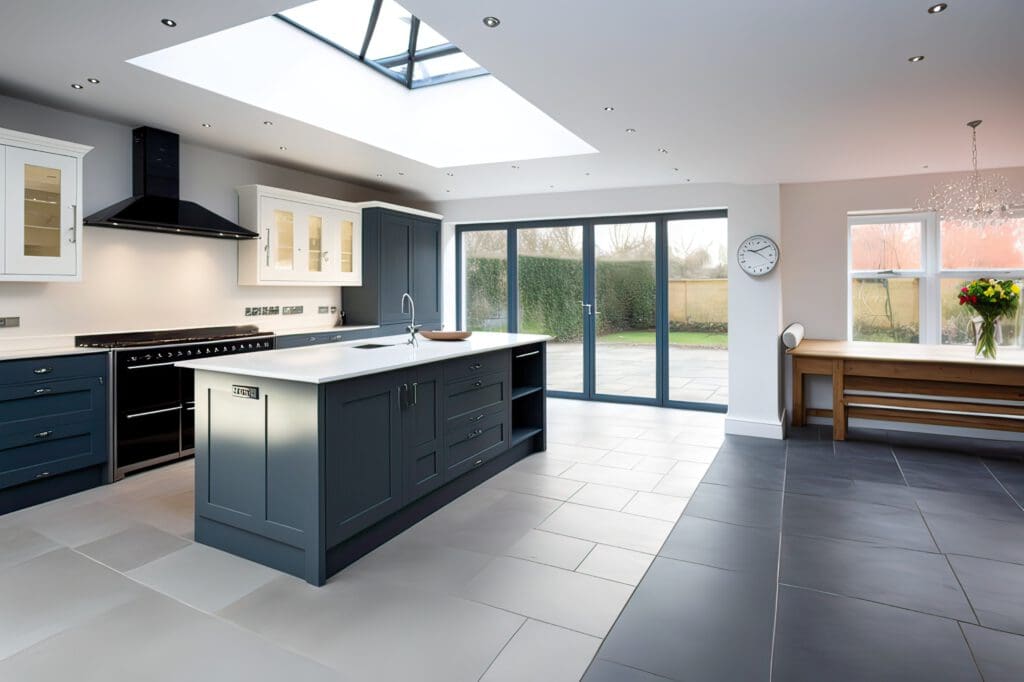 Modern kitchen with a large island, dark cabinets, and light countertops. Skylight above, glass doors leading to a garden, and a wall clock. Wooden dining table with flowers on the right. Tile flooring in light and dark shades.