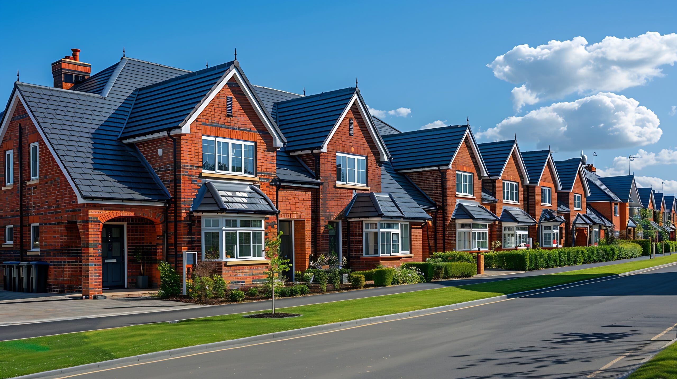 A row of modern, brick houses with dark roofs on a clear, sunny day. Each house has a front yard with trimmed grass and shrubs. The street is empty, and fluffy clouds are visible in the blue sky.