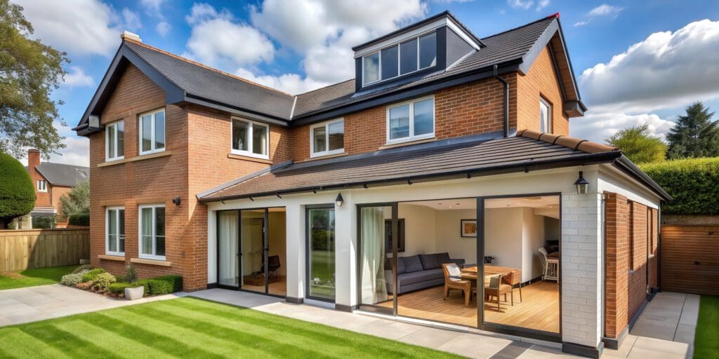 A modern two-story brick house with large windows, a well-maintained lawn, and a patio. The interior visible through the glass doors shows a dining table and a couch. The sky is partly cloudy.
