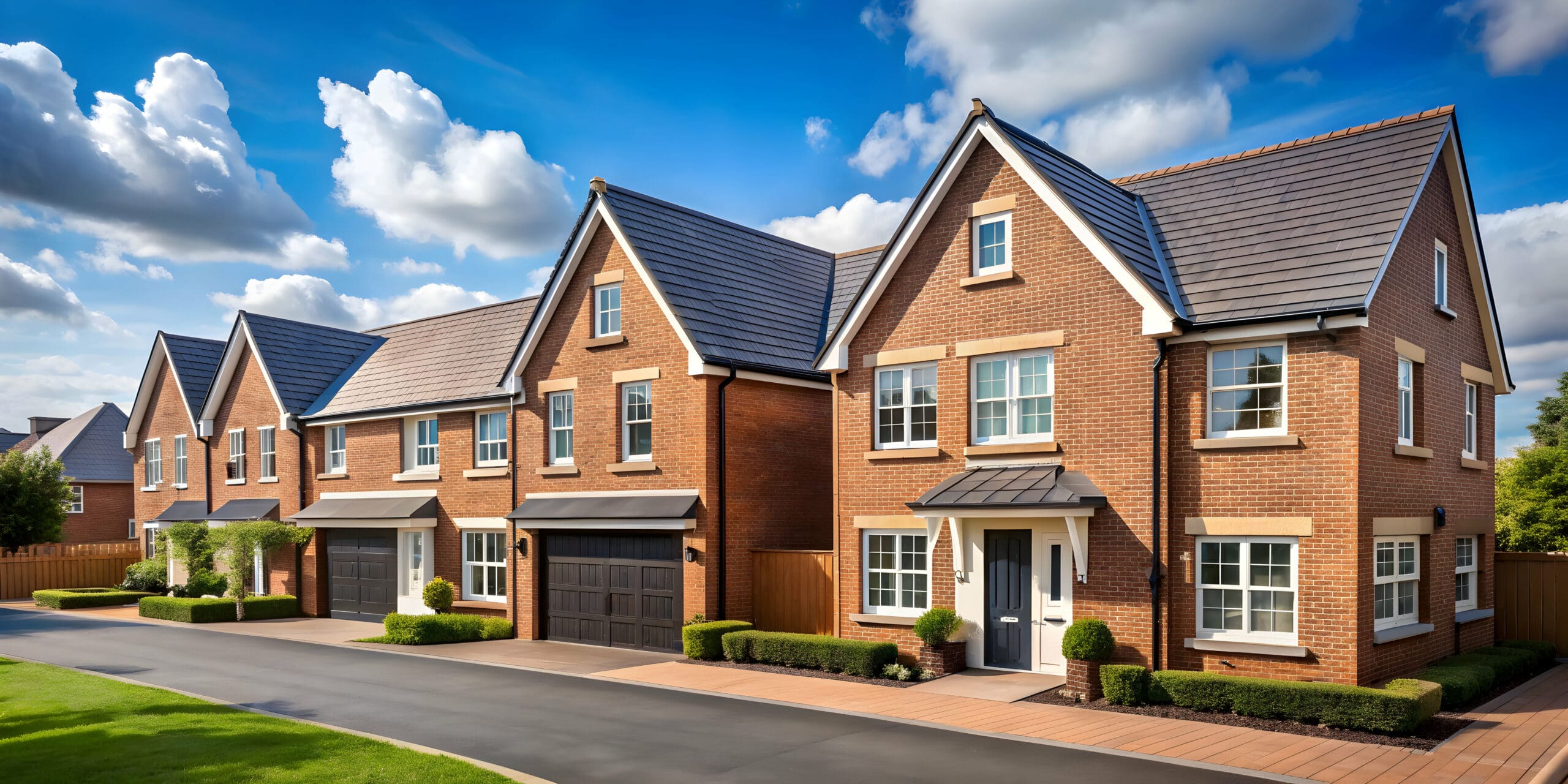 A row of modern, two-story brick houses with gabled roofs and driveways. The homes feature white-framed windows and small shrubs in the front yards. The sky is blue with scattered clouds.